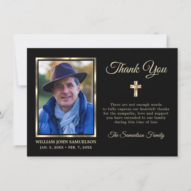 Sympathy Funeral Memory THANK YOU Gold Cross Photo Card (Front)