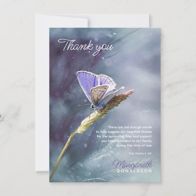 Sympathy Funeral THANK YOU Butterfly Purple Card (Front)
