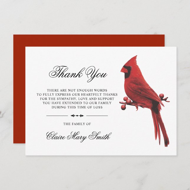 Sympathy Funeral THANK YOU Cardinal Bird (Front/Back)