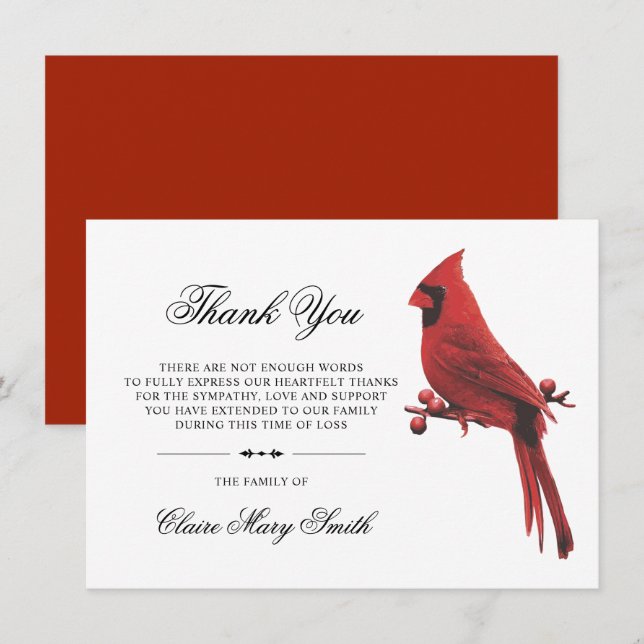 Sympathy Funeral THANK YOU Cardinal Bird Card (Front/Back)