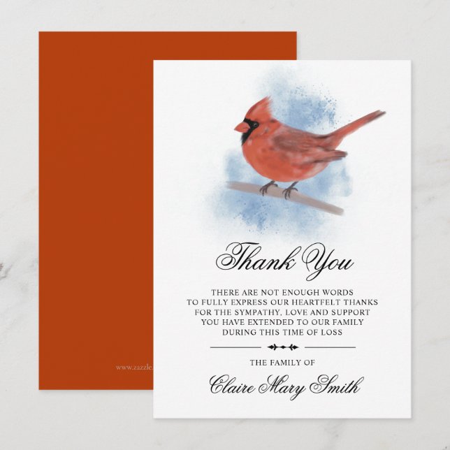 Sympathy Funeral THANK YOU Watercolor Cardinal Card (Front/Back)