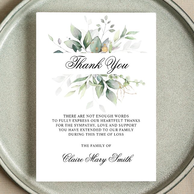 Sympathy Funeral THANK YOU Watercolor Greenery Card (Creator Uploaded)