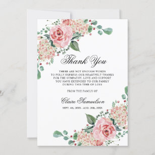Sympathy Funeral THANK YOU Watercolor Pink Floral