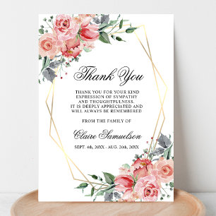 Sympathy Funeral THANK YOU Watercolor Pink Floral Card