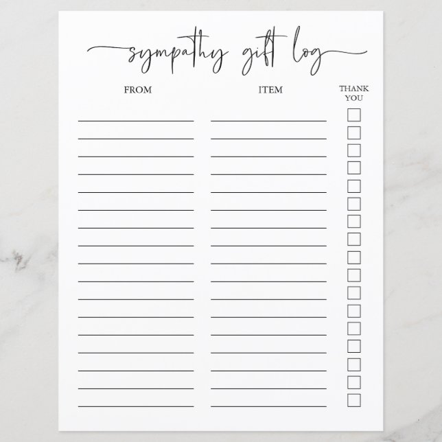 Sympathy Gift Log And Thank You Tracker (Front)
