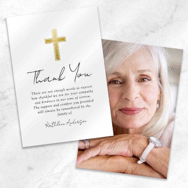 Sympathy Gold Cross Photo Funeral  Thank You Card (Creator Uploaded)