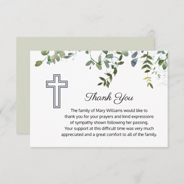 Sympathy Greenery With Cross Funeral Thank You (Front/Back)