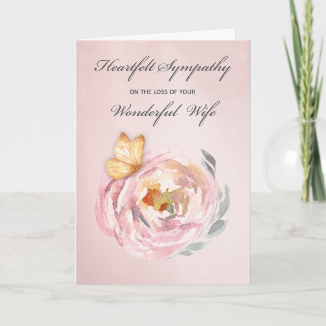 Sympathy Loss of Wife Butterfly Pink Rose Card (Front)