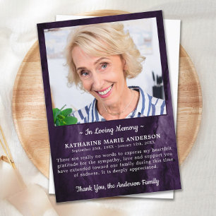 Sympathy Loving Memory Photo Marble Purple Funeral Thank You Card