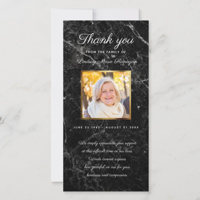 Sympathy Marble Memorial Gold Photo Bereavement Thank You Card (Front)
