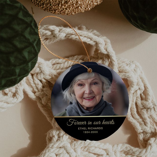 Sympathy Memorial In Loving Memory | Two Photo Ceramic Ornament (An elegant, modern black and gold keepsake memorial ornament with a photo of your loved one)