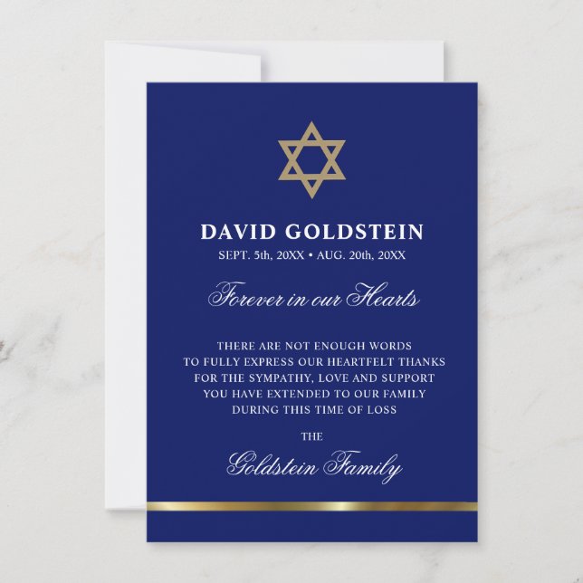 Sympathy Memorial Jewish Star of David Black Gold Thank You Card (Front)
