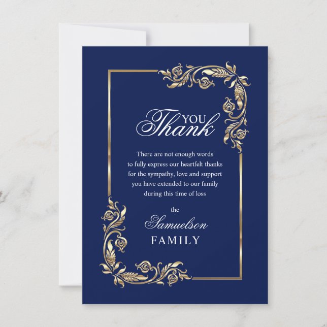 Sympathy Memorial Navy Blue Gold PHOTO Thank You Card (Front)