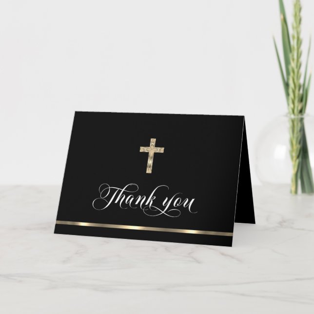 Sympathy Memorial Religious Cross Black Gold Thank You Card (Front)