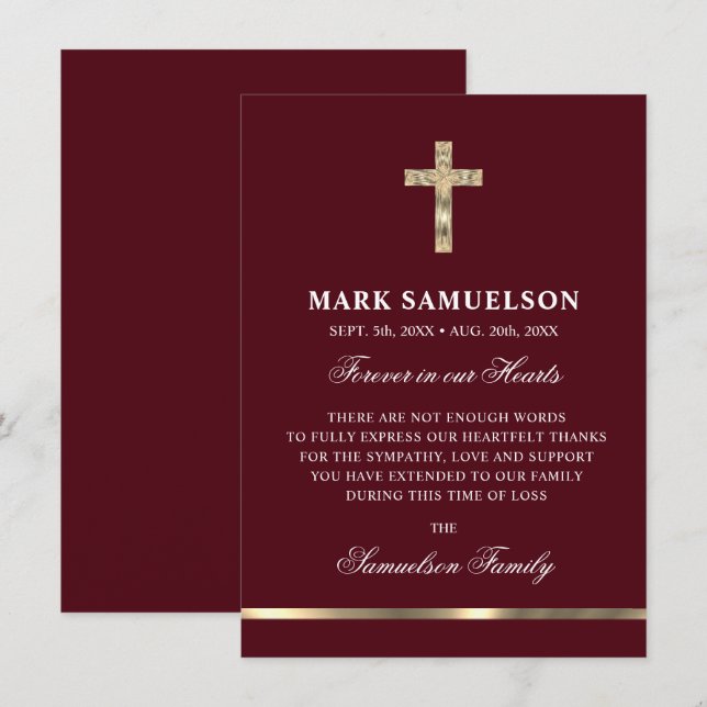 Sympathy Memorial Religious Cross  Burgundy Gold Thank You Card (Front/Back)
