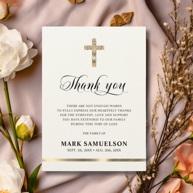 Sympathy Memorial Religious Cross Ecru Gold Thank  Thank You Card (Sympathy Memorial Religious Cross Ecru Gold Thank Thank You Card)