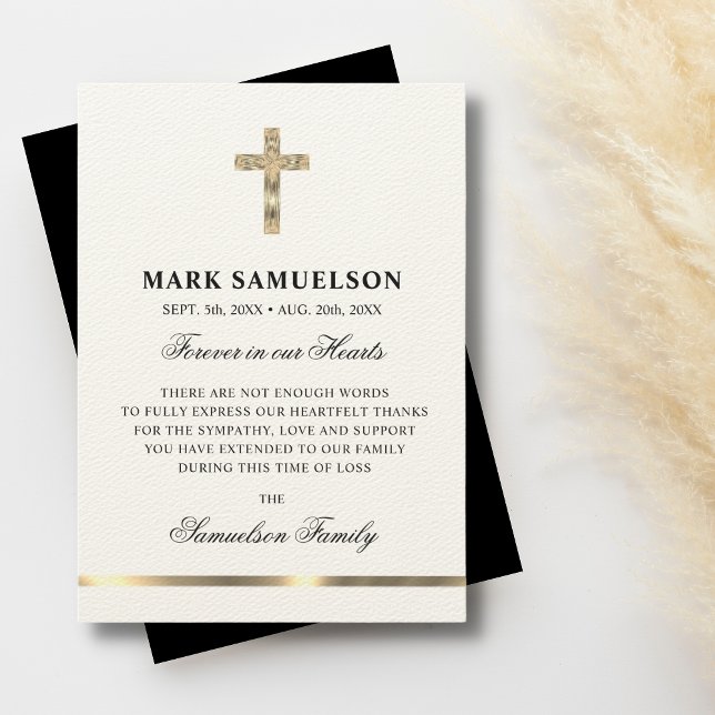 Sympathy Memorial Religious Cross Ecru Gold Thank You Card (Creator Uploaded)