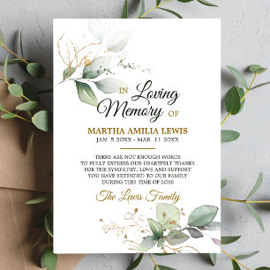 Sympathy Memory Greenery Gold THANK YOU   PHOTO Card