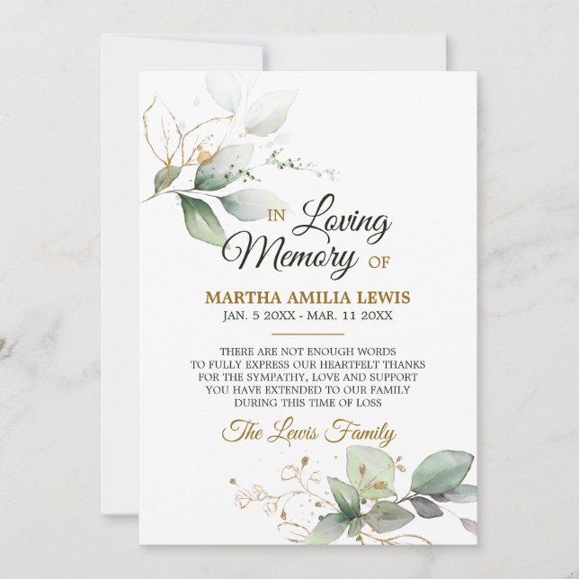 Sympathy Memory Greenery Gold THANK YOU | POEM (Front)