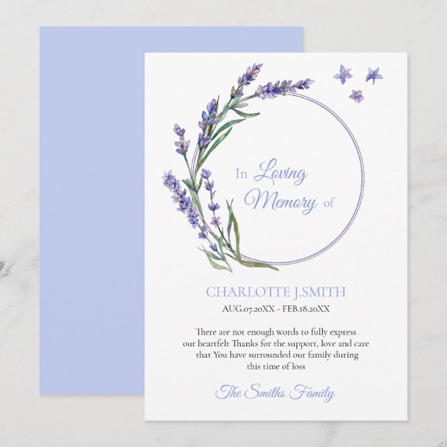 Sympathy Memory Lavender Flower Thank You Invitation (Front/Back)