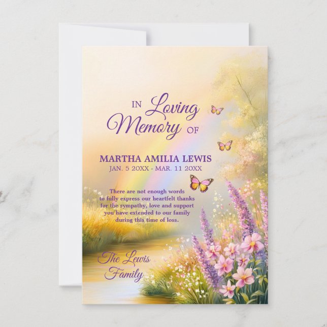 Sympathy Memory Rainbow Flowers Butterflies Thank You Card (Front)