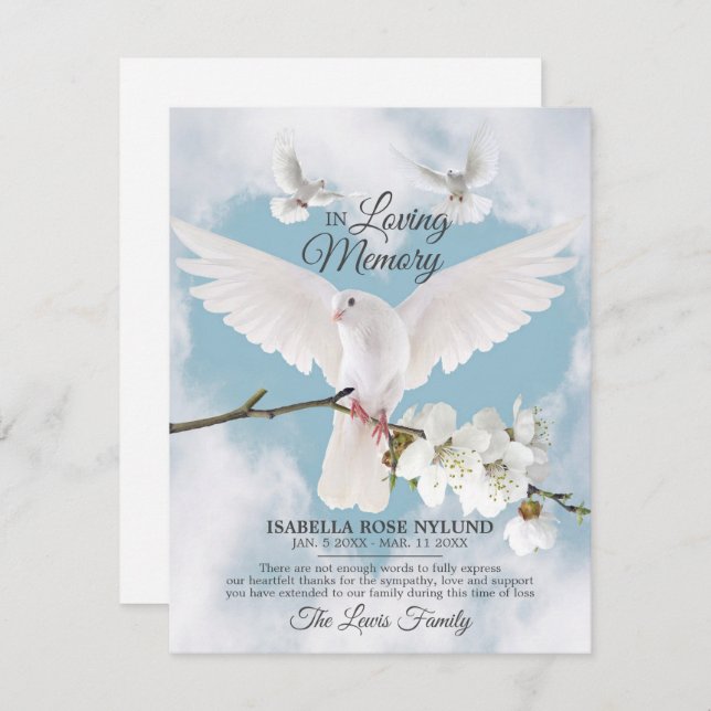 Sympathy Memory White Dove Heaven In Memory Thank  Thank You Card (Front/Back)