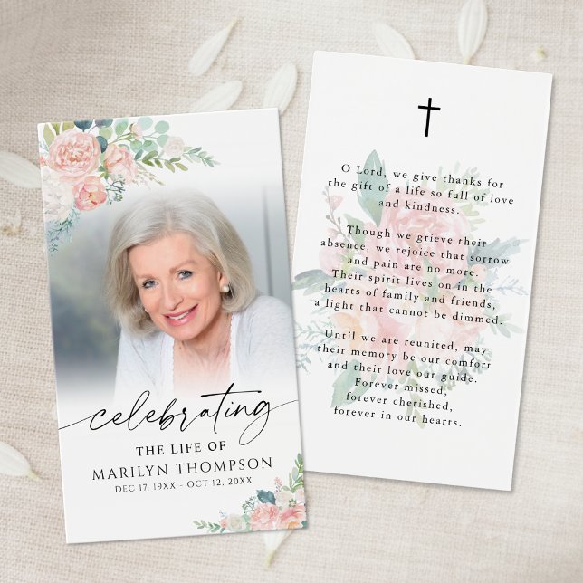 Sympathy Modern Pink Floral Cross Prayer Card (Creator Uploaded)