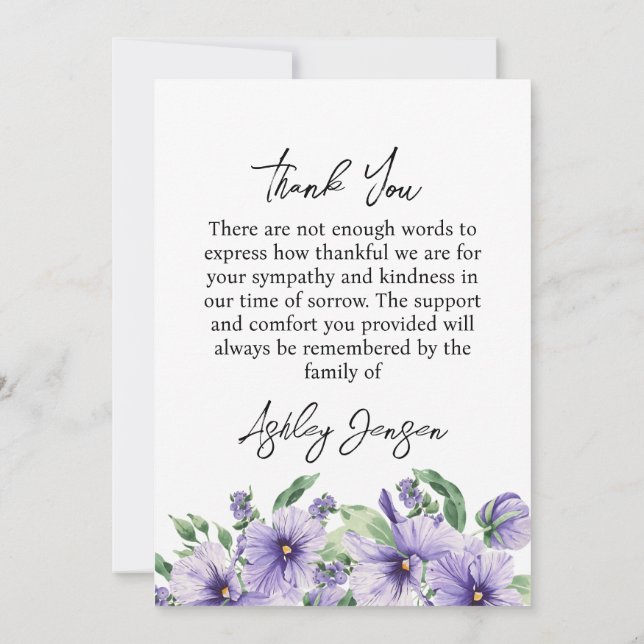 Sympathy Pansy Photo Funeral Thank You Card (Back)