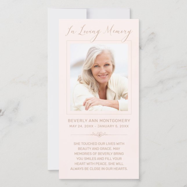 Sympathy Photo Blush Pink Watercolor Memorial Card (Front)