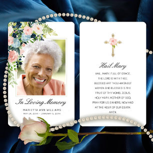 Sympathy Pink Blue Rose Floral Photo Prayer Card
