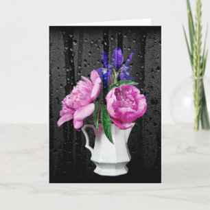 Sympathy Pink Peonies and Iris with Raindrops  Card
