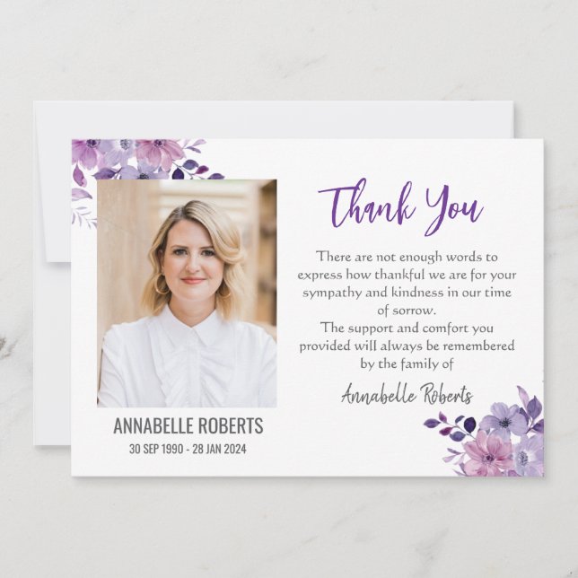 Sympathy Purple Wild Flowers Photo Funeral  Thank You Card (Front)