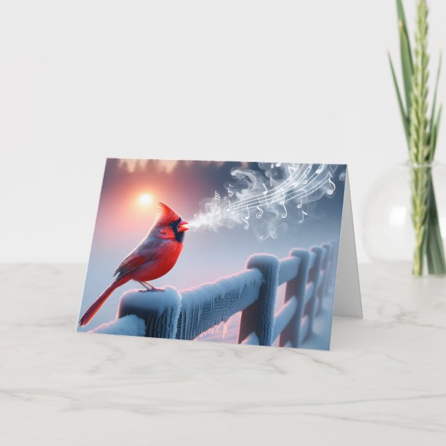 Sympathy Red Cardinal Singing On Winter Fence Card (Front)