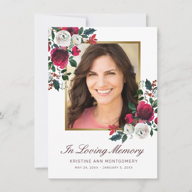 Sympathy Red Rose Floral Red Script Photo Funeral Thank You Card (Front)
