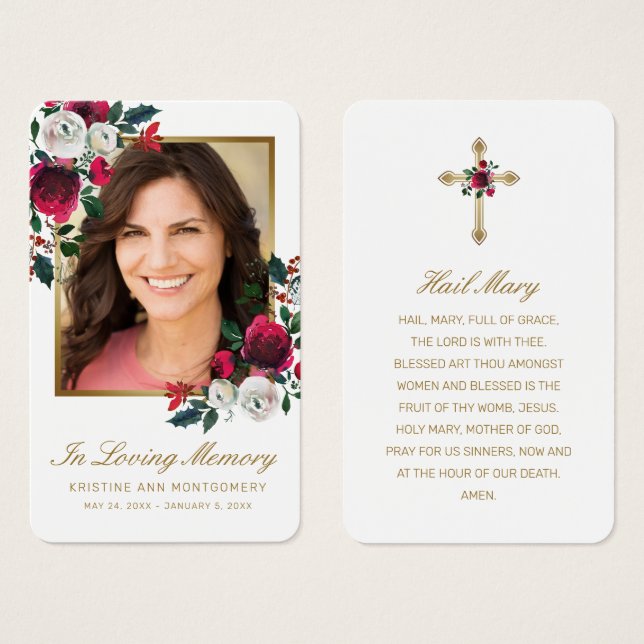 Sympathy Red Rose Gold Cross Photo Prayer Card (Front & Back)