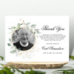 Sympathy Service Mass Thank You Memorial Greenery Card<br><div class="desc">Lovely watercolor greenery leaves wreath thank you sympathy cards.  Easy editable by adding photo and text.  Green and gold greenery.  Give them out during memorial service / mass or send them after funeral.  Makes great keepsake.</div>