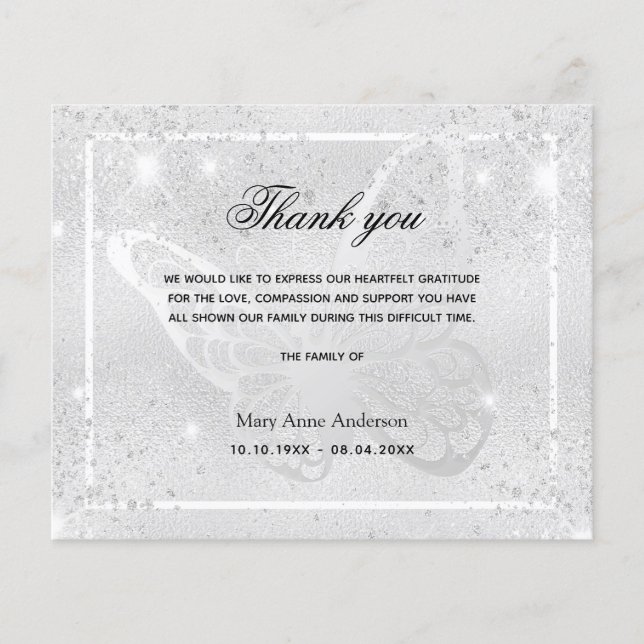 Sympathy silver butterfly thank you card (Front)