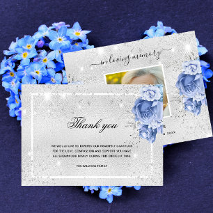 Sympathy silver glitter blue floral photo  thank y you card