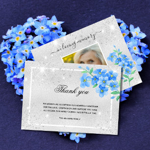 Sympathy silver glitter blue floral photo thank you card