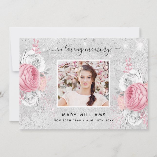 Sympathy silver glitter pink floral photo thank you card (Back)