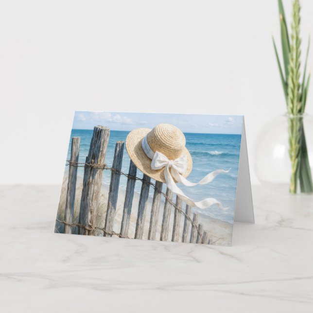 Sympathy Summer Straw Hat On Beach Fence Card (Front)