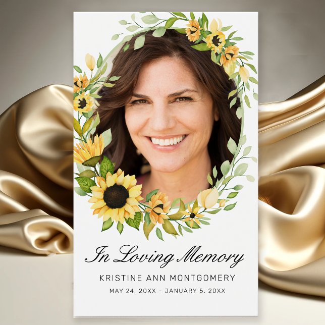 Sympathy Sunflower Black Script Photo Poem Card (Elegant Yellow Sunflower Photo In Loving Memory Memorial Funeral Card with Poem)