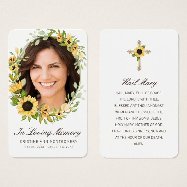 Sympathy Sunflower Brown Script Photo Prayer Card (Front & Back)
