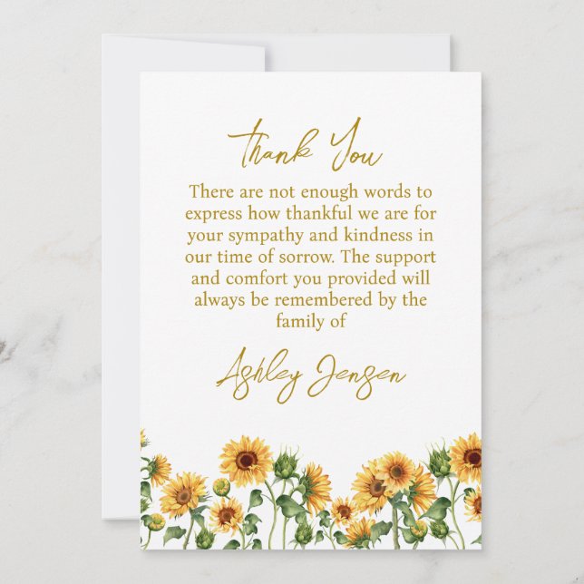 Sympathy Sunflower Funeral Thank You Card (Back)