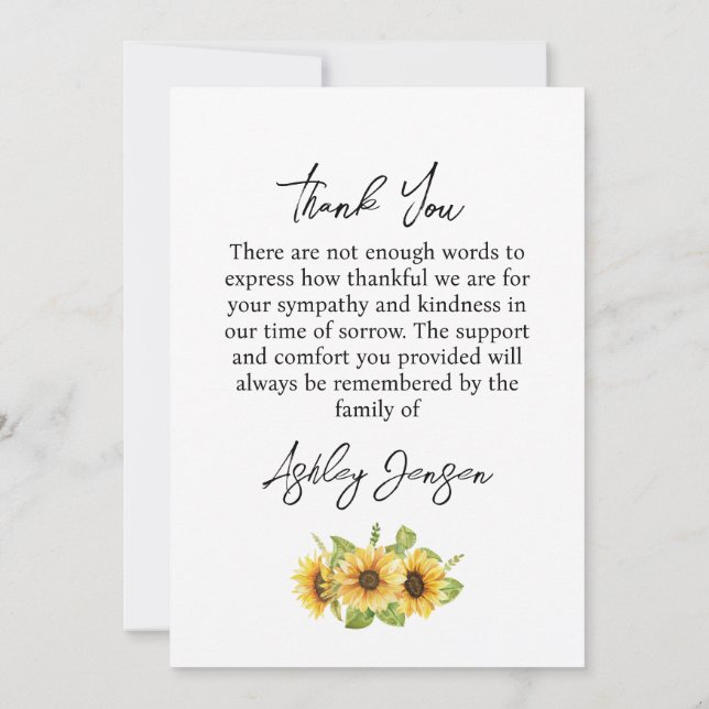 Sympathy Sunflower Funeral Thank You Card (Back)