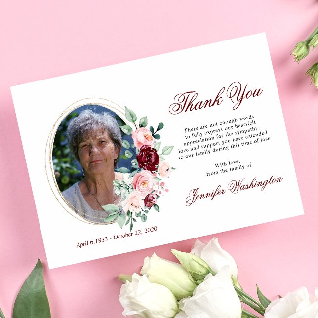 Sympathy Thank You Memorial Burgundy Floral Card (Creator Uploaded)