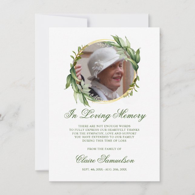 Sympathy Thank You Memorial Greenery PHOTO Card (Front)