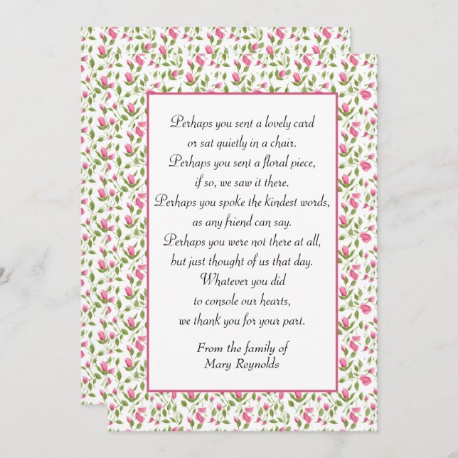 Sympathy Thank You Pink Roses Card (Front/Back)