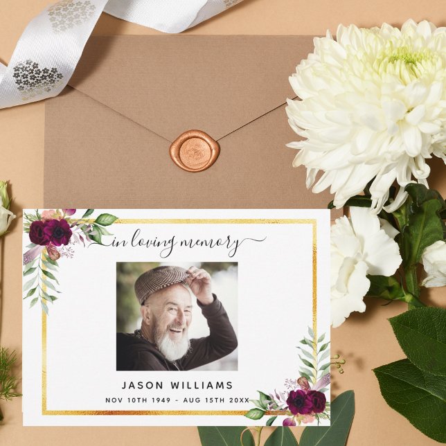 Sympathy white floral burgundy thank you photo card (Creator Uploaded)