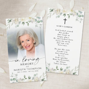 Sympathy White Floral Cross Photo Prayer Card